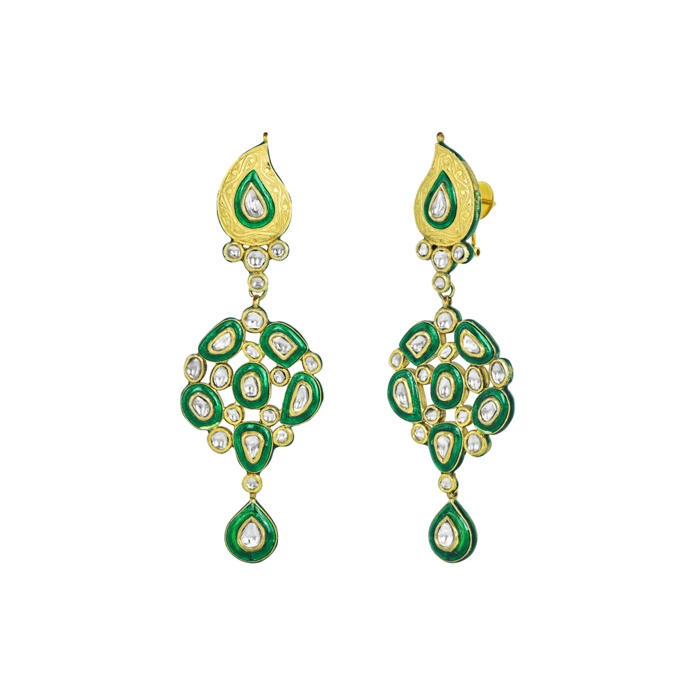 Cascading Polki Earrings with Green Enamel and Teardrops